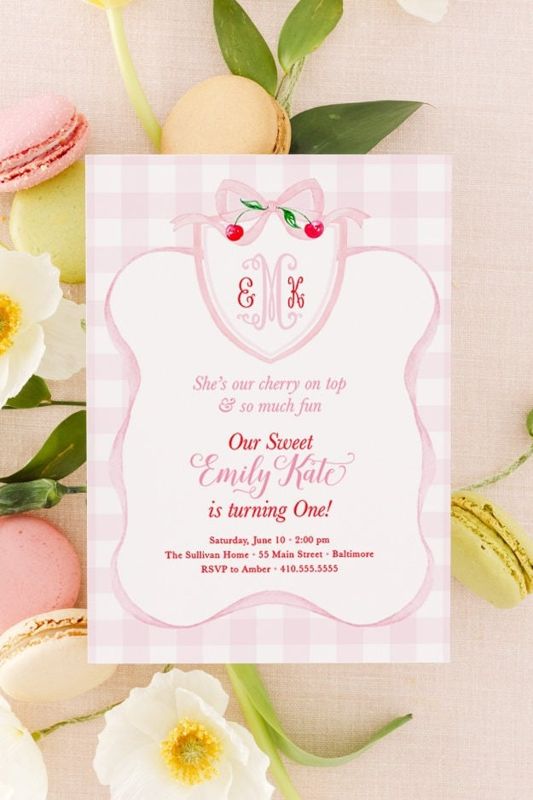 Cherry First Birthday Invitation Printed - Preppy Monogram Invitations - Cherry Watercolor Bow - Cherry on Top Party Girl Birthday Party (10 printed invitations | Plain White Envelopes)