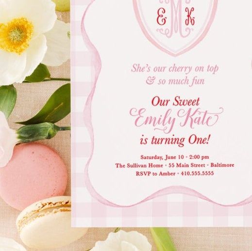 Cherry First Birthday Invitation Printed - Preppy Monogram Invitations - Cherry Watercolor Bow - Cherry on Top Party Girl Birthday Party (10 printed invitations | Plain White Envelopes)
