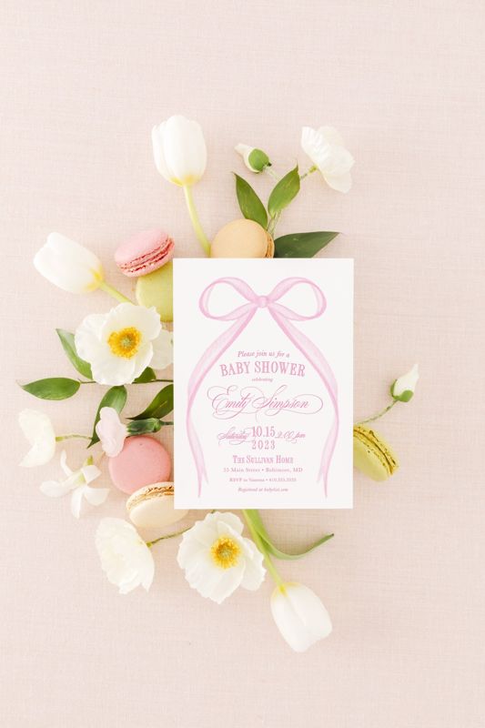 Pink Bow Baby Girl Shower Invitation Printed, baby sprinkle invites for girl, watercolor heirloom bow, winter baby shower, sip and see (10 printed invitations | Plain White Envelopes)