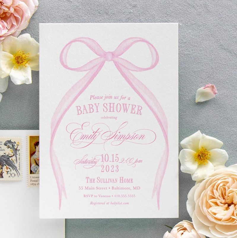 Pink Bow Baby Girl Shower Invitation Printed, baby sprinkle invites for girl, watercolor heirloom bow, winter baby shower, sip and see (10 printed invitations | Plain White Envelopes)