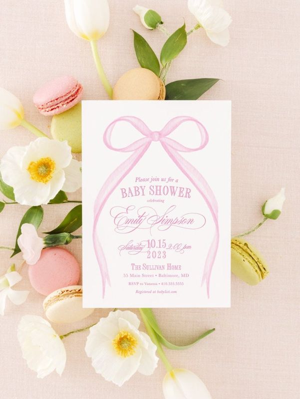 Pink Bow Baby Girl Shower Invitation Printed, baby sprinkle invites for girl, watercolor heirloom bow, winter baby shower, sip and see (10 printed invitations | Plain White Envelopes)
