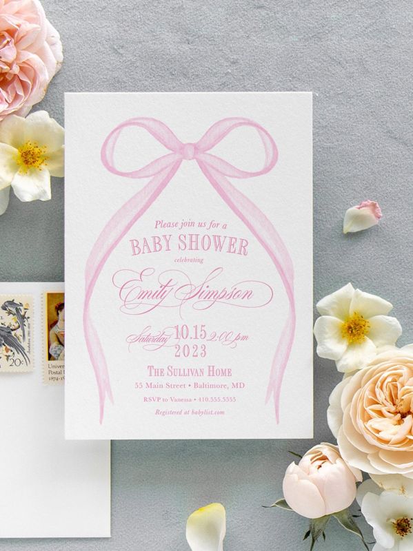 Pink Bow Baby Girl Shower Invitation Printed, baby sprinkle invites for girl, watercolor heirloom bow, winter baby shower, sip and see (10 printed invitations | Plain White Envelopes)