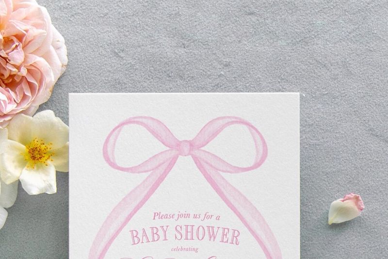 Pink Bow Baby Girl Shower Invitation Printed, baby sprinkle invites for girl, watercolor heirloom bow, winter baby shower, sip and see (10 printed invitations | Plain White Envelopes)