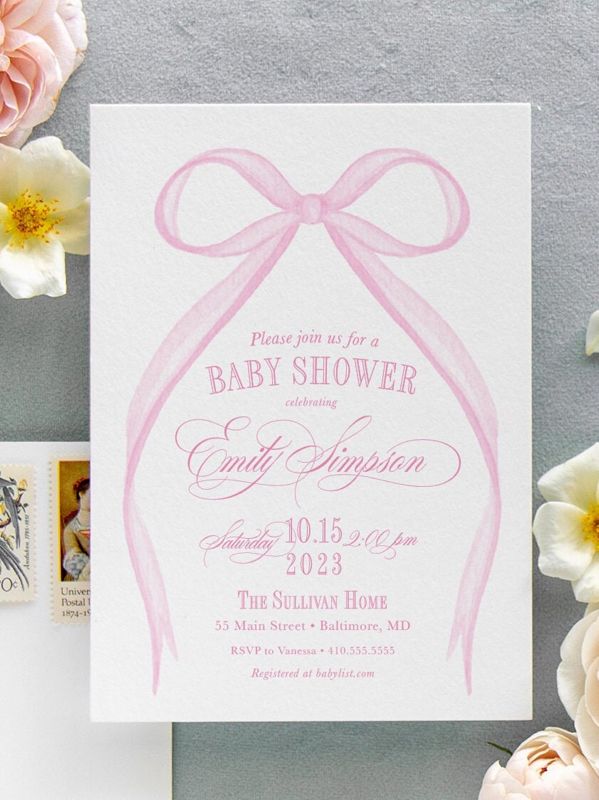 Pink Bow Baby Girl Shower Invitation Printed, baby sprinkle invites for girl, watercolor heirloom bow, winter baby shower, sip and see (10 printed invitations | Plain White Envelopes)