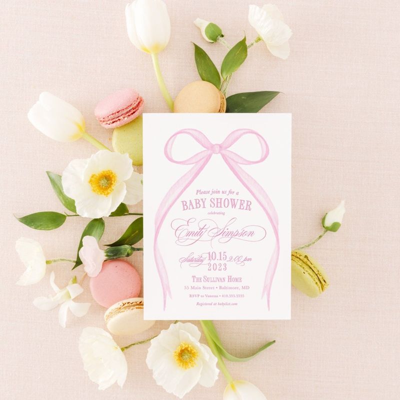Pink Bow Baby Girl Shower Invitation Printed, baby sprinkle invites for girl, watercolor heirloom bow, winter baby shower, sip and see (10 printed invitations | Plain White Envelopes)