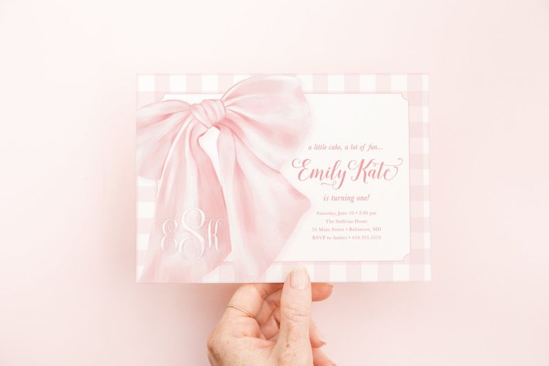 Bow First Birthday Party Invitations, Preppy Pink Gingham Invites, A Little Cake, A lot of Fun, Monogram, Baby Sprinkle, Baby Girl Shower (10 printed invitations | Plain White Envelopes)