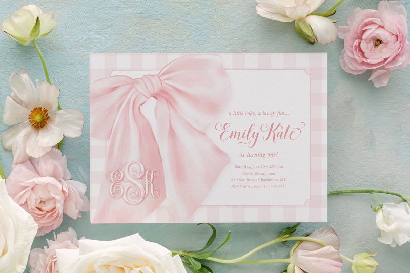 Bow First Birthday Party Invitations, Preppy Pink Gingham Invites, A Little Cake, A lot of Fun, Monogram, Baby Sprinkle, Baby Girl Shower (10 printed invitations | Plain White Envelopes)