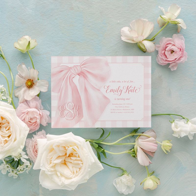 Bow First Birthday Party Invitations, Preppy Pink Gingham Invites, A Little Cake, A lot of Fun, Monogram, Baby Sprinkle, Baby Girl Shower (10 printed invitations | Plain White Envelopes)