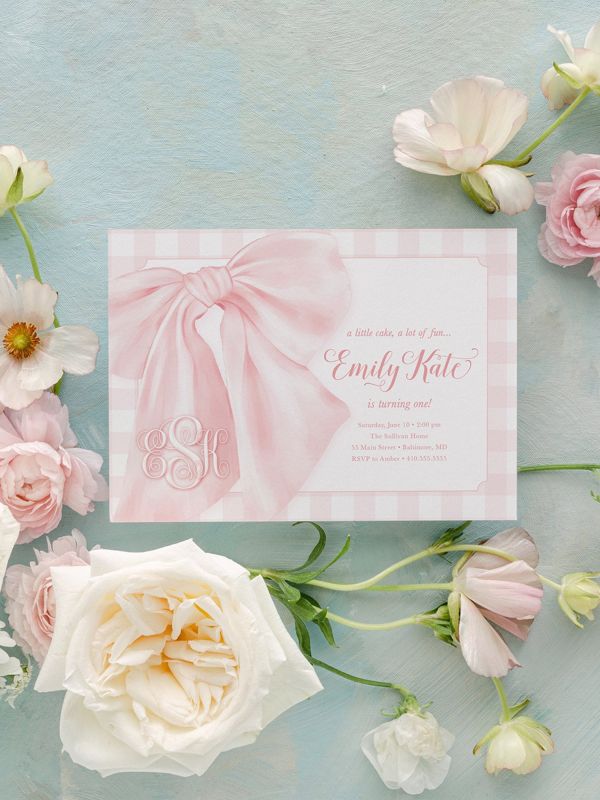 Bow First Birthday Party Invitations, Preppy Pink Gingham Invites, A Little Cake, A lot of Fun, Monogram, Baby Sprinkle, Baby Girl Shower (10 printed invitations | Plain White Envelopes)