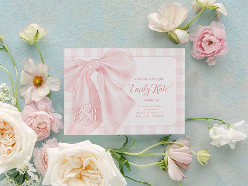 Bow First Birthday Party Invitations, Preppy Pink Gingham Invites, A Little Cake, A lot of Fun, Monogram, Baby Sprinkle, Baby Girl Shower (10 printed invitations | Plain White Envelopes)