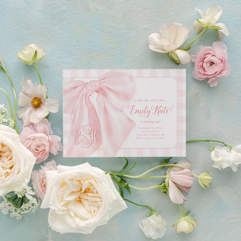 Bow First Birthday Party Invitations, Preppy Pink Gingham Invites, A Little Cake, A lot of Fun, Monogram, Baby Sprinkle, Baby Girl Shower (10 printed invitations | Plain White Envelopes)