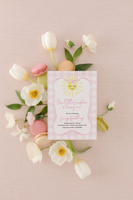 Sunshine First Birthday Invitations - Preppy Pink Gingham - Our Little Sunshine - Sunshine Girl Invite Girl Sun Birthday - My Sunshine (10 printed invitations | Plain White Envelopes)