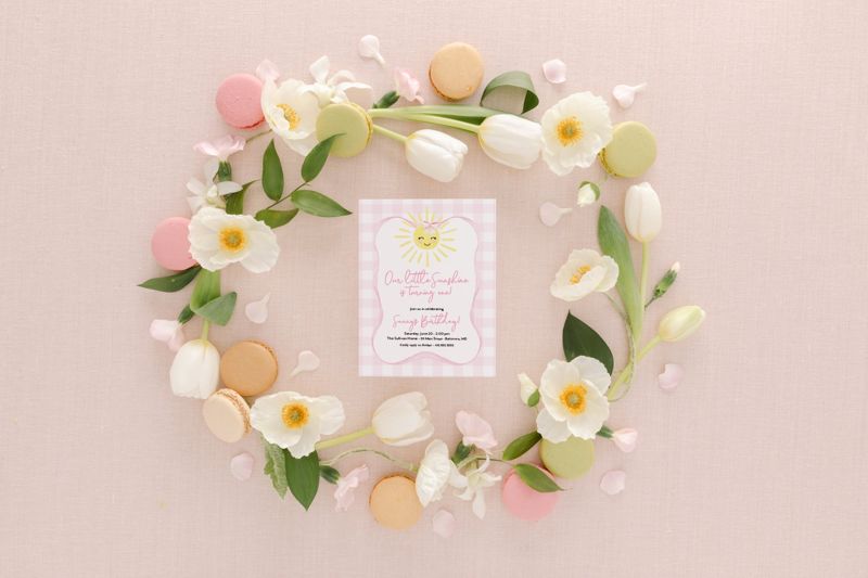 Sunshine First Birthday Invitations - Preppy Pink Gingham - Our Little Sunshine - Sunshine Girl Invite Girl Sun Birthday - My Sunshine (10 printed invitations | Plain White Envelopes)