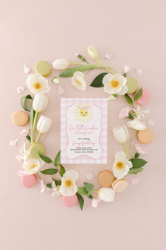 Sunshine First Birthday Invitations - Preppy Pink Gingham - Our Little Sunshine - Sunshine Girl Invite Girl Sun Birthday - My Sunshine (10 printed invitations | Plain White Envelopes)