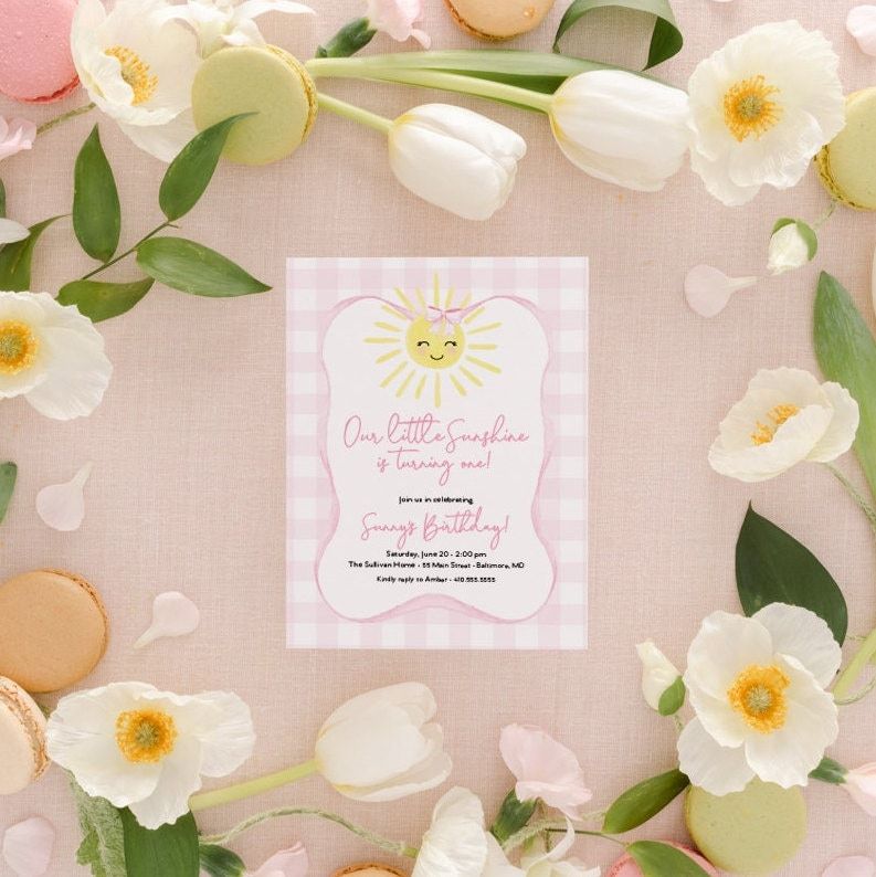 Sunshine First Birthday Invitations - Preppy Pink Gingham - Our Little Sunshine - Sunshine Girl Invite Girl Sun Birthday - My Sunshine (10 printed invitations | Plain White Envelopes)