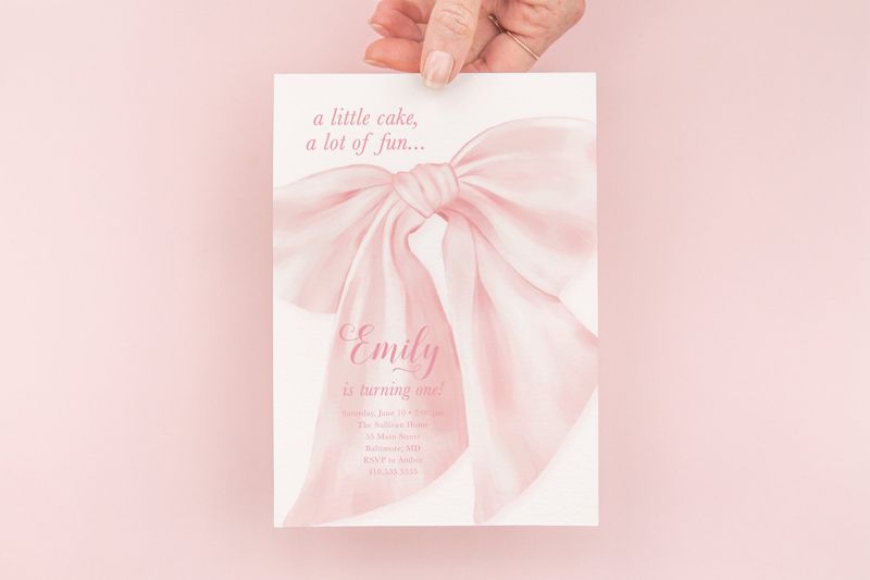 Pink Coquette Bow First Birthday Invitations, Preppy Pink Bow Invites, Little Lady, Girl 1st Birthday, Fancy Garden Party, Whimsical Bow