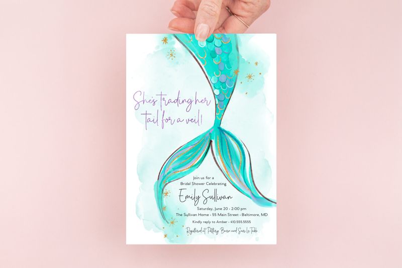 She's Trading her Tail for a Veil Bridal Shower Invitation, Sea of Love, Beach Invitation, Under the Sea Bachelorette (10 printed invitations | Plain White Envelopes)