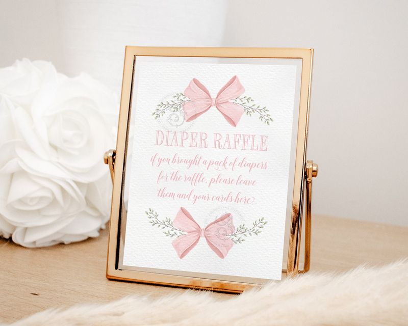 Diaper Raffle Sign for Girl Baby Shower Printable with Pink Bow - Printable 8x10 - Preppy Pink Watercolor Bow Baby Sprinkle Signage