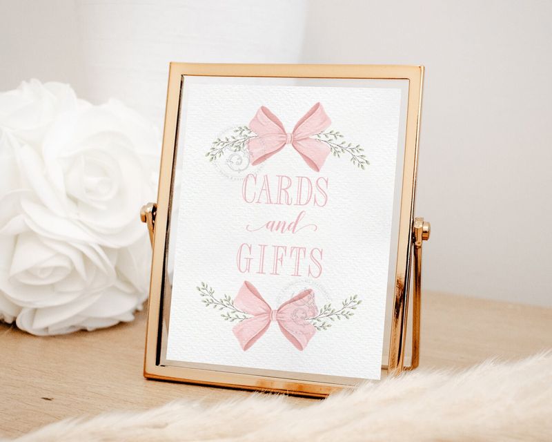 Cards and Gifts Sign for Girl Baby Shower Printable with Pink Bow - Printable 8x10 - Preppy Pink Baby Sprinkle SIgnage