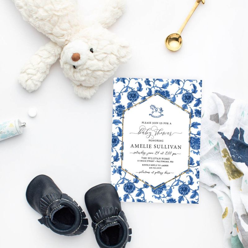 Navy Rocking Horse Chinoiserie Baby Shower Invitation (10 printed invitations | Plain White Envelopes)