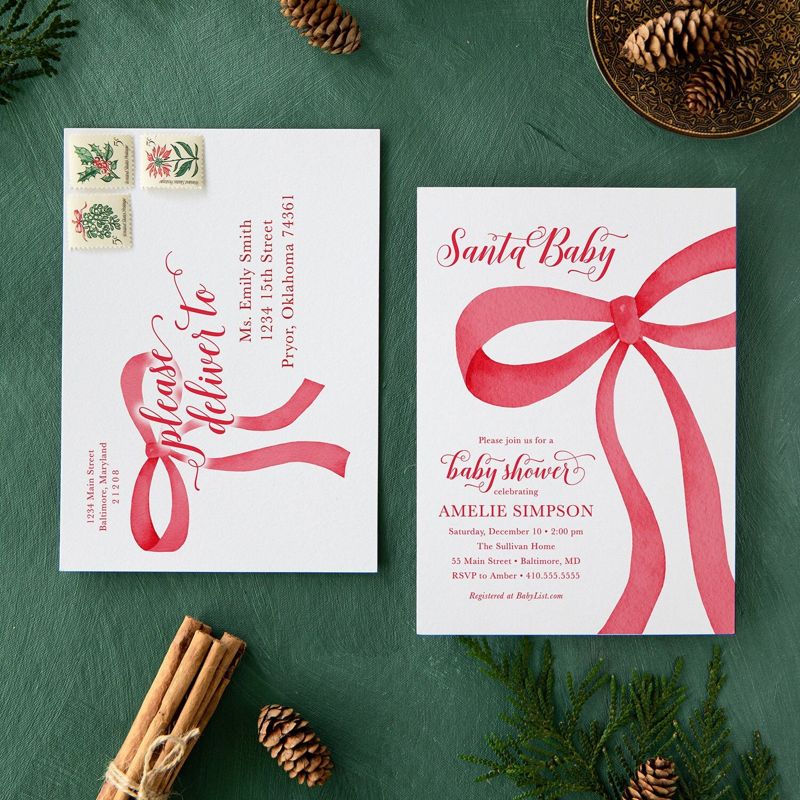 Christmas Baby Shower Invitations - Winter Baby Sprinkle - Red Bow Invites - Sip and See - Baby Girl - Gender Neutral Santa Baby Boy Printed (10 printed invitations | Plain White Envelopes)