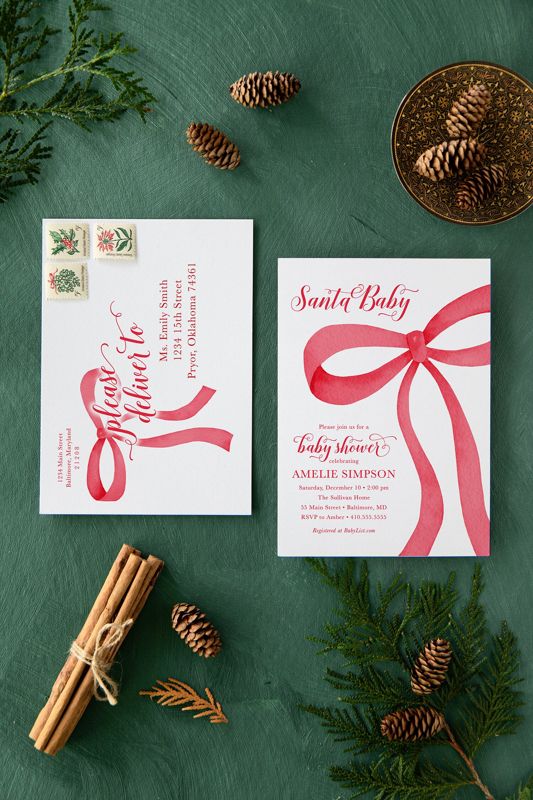 Christmas Baby Shower Invitations - Winter Baby Sprinkle - Red Bow Invites - Sip and See - Baby Girl - Gender Neutral Santa Baby Boy Printed (10 printed invitations | Plain White Envelopes)