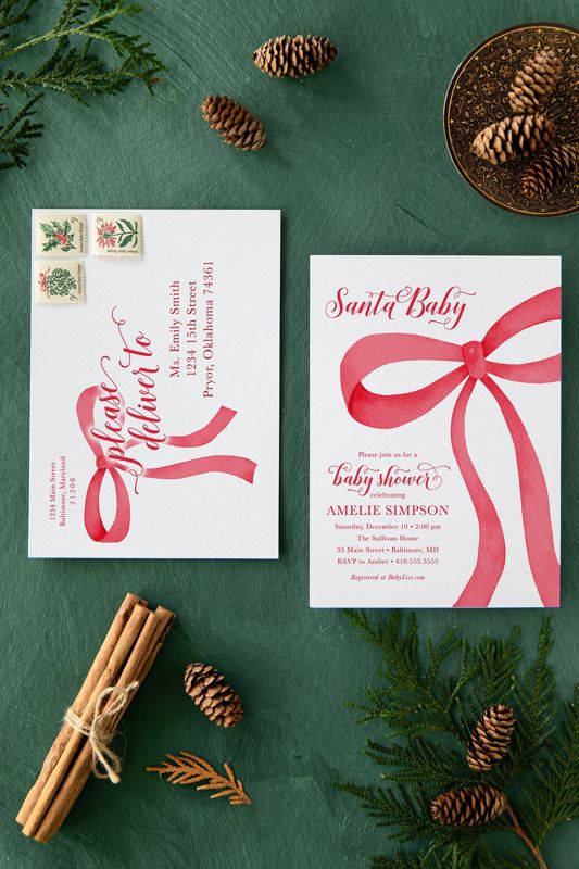 Christmas Baby Shower Invitations - Winter Baby Sprinkle - Red Bow Invites - Sip and See - Baby Girl - Gender Neutral Santa Baby Boy Printed (10 printed invitations | Plain White Envelopes)