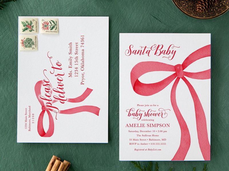 Christmas Baby Shower Invitations - Winter Baby Sprinkle - Red Bow Invites - Sip and See - Baby Girl - Gender Neutral Santa Baby Boy Printed (10 printed invitations | Plain White Envelopes)