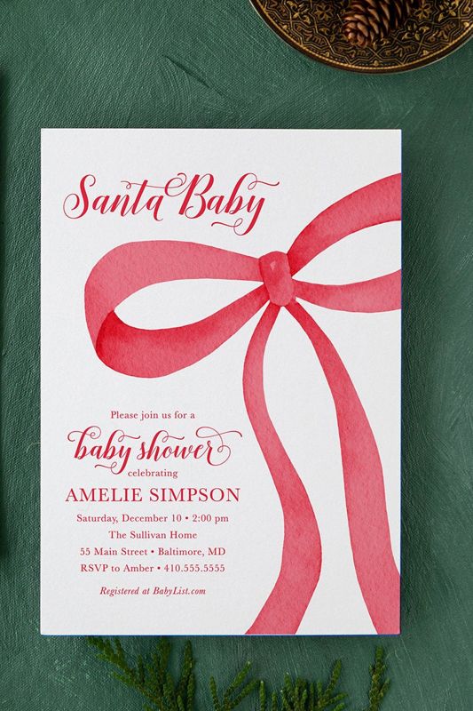 Christmas Baby Shower Invitations - Winter Baby Sprinkle - Red Bow Invites - Sip and See - Baby Girl - Gender Neutral Santa Baby Boy Printed (10 printed invitations | Plain White Envelopes)