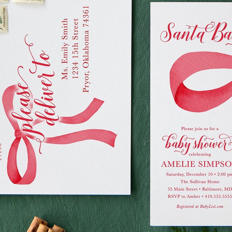 Christmas Baby Shower Invitations - Winter Baby Sprinkle - Red Bow Invites - Sip and See - Baby Girl - Gender Neutral Santa Baby Boy Printed (10 printed invitations | Plain White Envelopes)