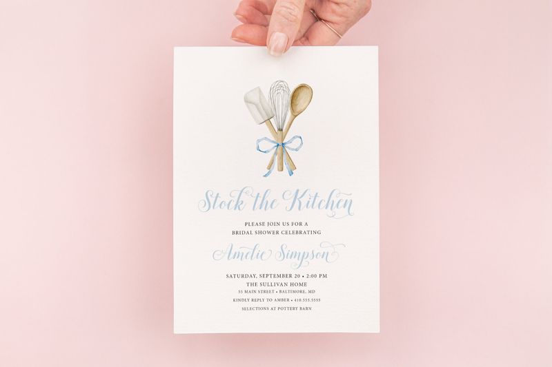 Blue Kitchen Bridal Shower Invitation - Stock the Kitchen Bridal Shower Invite - Kitchen Theme Party Printed (10 printed invitations | Plain White Envelopes)