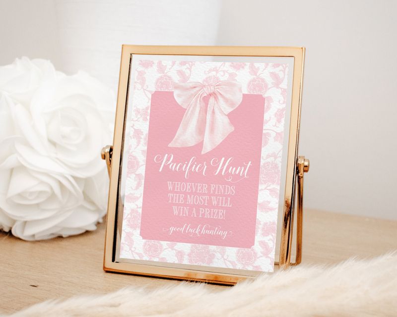 Pacifier Hunt Sign for Girl Baby Shower Printable with Pink Bow - Printable 8x10 - Preppy Pink Chinoiserie Baby Sprinkle - Pink Toile