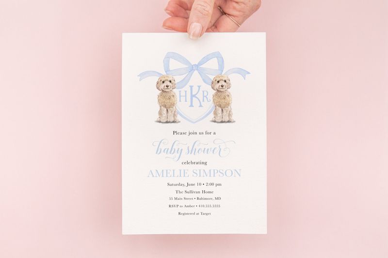 Preppy Watercolor Crest Golden Doodle Blue Monogram Bow Baby Boy Shower Invitation Printed (10 printed invitations | Plain White Envelopes)
