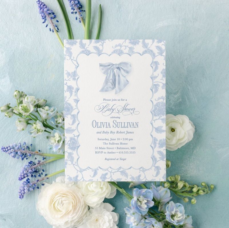 Baby Boy Shower Invitations Blue Toile Scallop Frame - Boy Baby Sprinkle - Baby Brunch - Classic Blue Monogram Traditional Boy Sip and See (10 printed invitations, Plain White Envelopes)