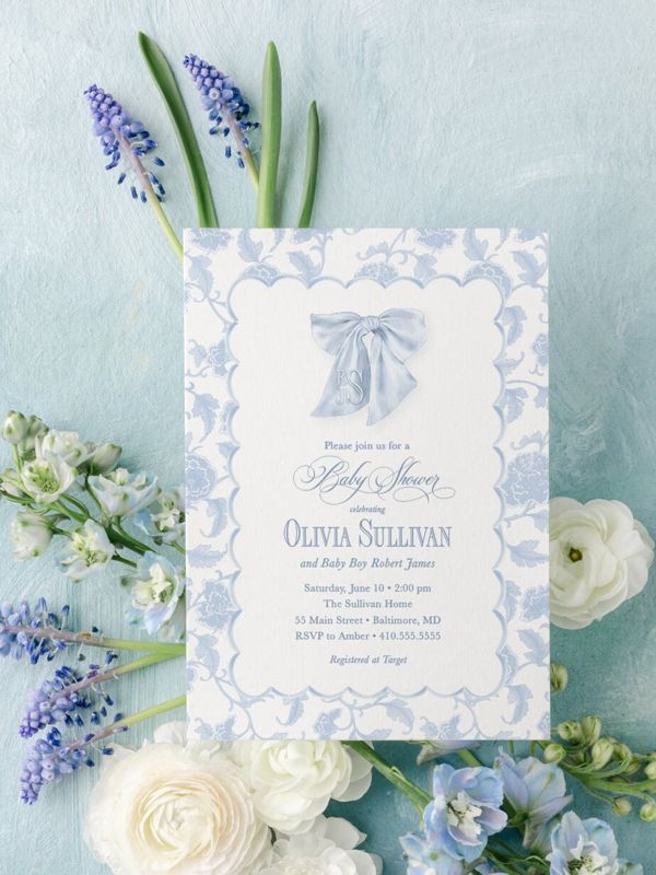 Baby Boy Shower Invitations Blue Toile Scallop Frame - Boy Baby Sprinkle - Baby Brunch - Classic Blue Monogram Traditional Boy Sip and See (10 printed invitations, Plain White Envelopes)