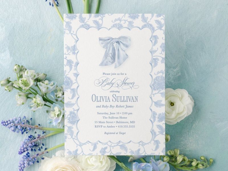 Baby Boy Shower Invitations Blue Toile Scallop Frame - Boy Baby Sprinkle - Baby Brunch - Classic Blue Monogram Traditional Boy Sip and See (10 printed invitations, Plain White Envelopes)