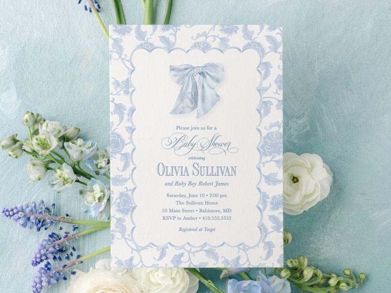 Baby Boy Shower Invitations Blue Toile Scallop Frame - Boy Baby Sprinkle - Baby Brunch - Classic Blue Monogram Traditional Boy Sip and See (10 printed invitations, Plain White Envelopes)