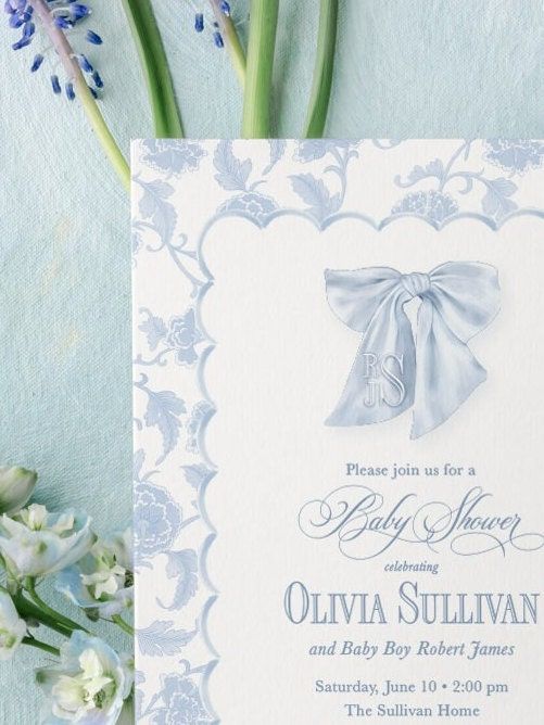 Baby Boy Shower Invitations Blue Toile Scallop Frame - Boy Baby Sprinkle - Baby Brunch - Classic Blue Monogram Traditional Boy Sip and See (10 printed invitations, Plain White Envelopes)