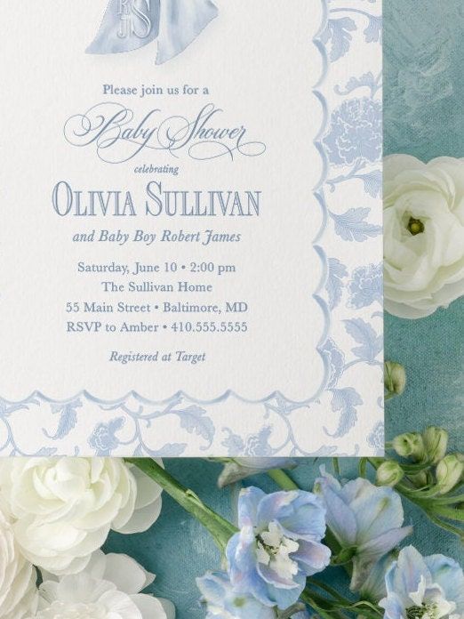 Baby Boy Shower Invitations Blue Toile Scallop Frame - Boy Baby Sprinkle - Baby Brunch - Classic Blue Monogram Traditional Boy Sip and See (10 printed invitations, Plain White Envelopes)