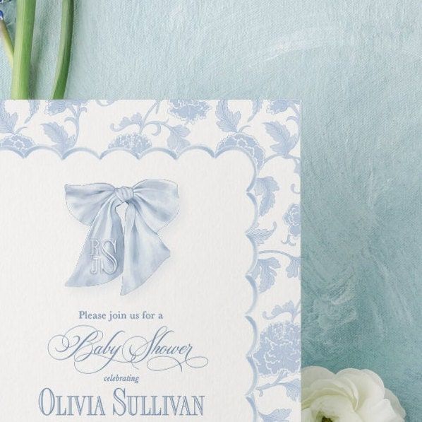 Baby Boy Shower Invitations Blue Toile Scallop Frame - Boy Baby Sprinkle - Baby Brunch - Classic Blue Monogram Traditional Boy Sip and See (10 printed invitations, Plain White Envelopes)