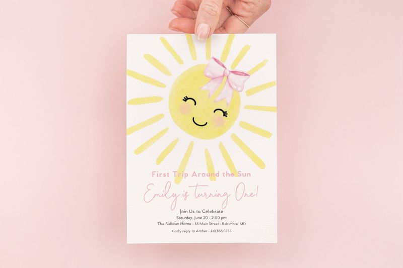 First Trip Around the Sun Birthday Invitation - Sunshine 1st Birthday Invite - Birthday Girl - Our Little Sunshine, My Sunshine Girl Printed (10 printed invitations, Plain White Envelopes)