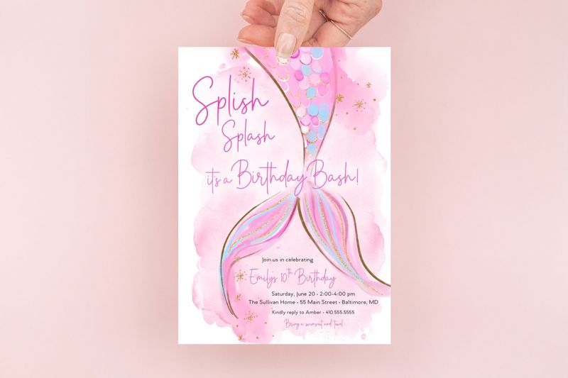 Mermaid Birthday Invitations - Girl Birthday Party Invitation - Pink Mermaid Tail Swimming Party - Pink Pool Party Invite Printable