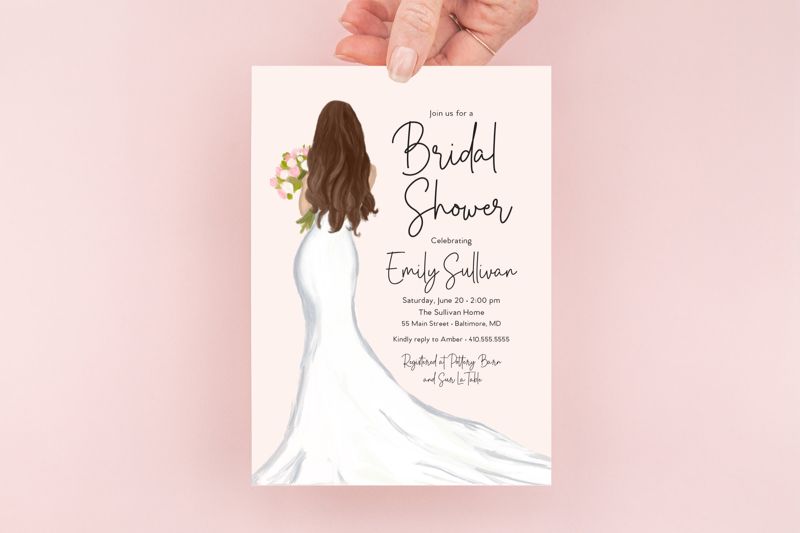 Bridal Shower Invitations - Brunette Bride Invite - Bridal Luncheon - Bridal Tea - Bridesmaids Brunch - Printable - Bride in Gown Digital