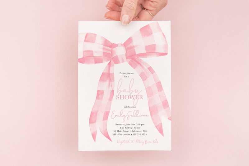 Baby Girl Shower Invitations - Preppy Pink Gingham Bow Baby Sprinkle Invites Printed (10 printed invitations | Plain White Envelopes)