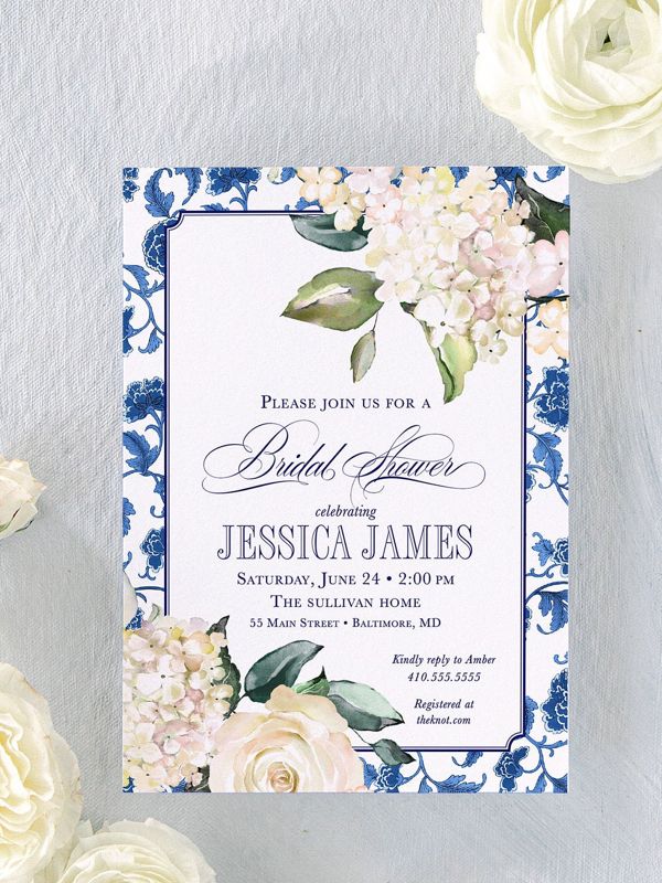 Blue and White Chinoiserie Hyndrangea Bridal Shower Invitation, Grandmillenial Bridal Luncheon, Bridesmaids Brunch, Garden Tea Party Printed (10 printed invitations, Plain White Envelopes)