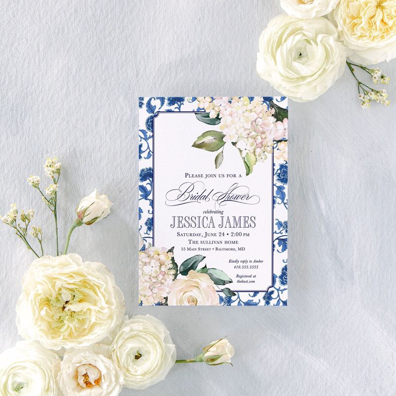 Blue and White Chinoiserie Hyndrangea Bridal Shower Invitation, Grandmillenial Bridal Luncheon, Bridesmaids Brunch, Garden Tea Party Printed (10 printed invitations, Plain White Envelopes)