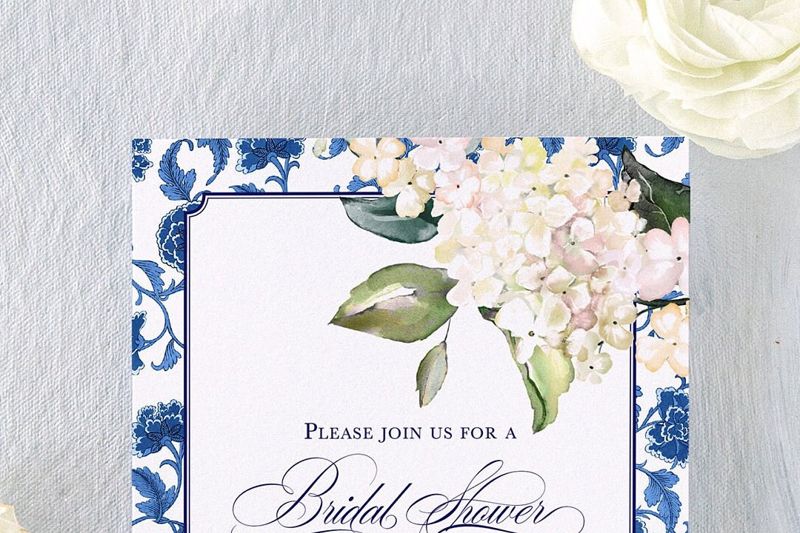 Blue and White Chinoiserie Hyndrangea Bridal Shower Invitation, Grandmillenial Bridal Luncheon, Bridesmaids Brunch, Garden Tea Party Printed (10 printed invitations, Plain White Envelopes)