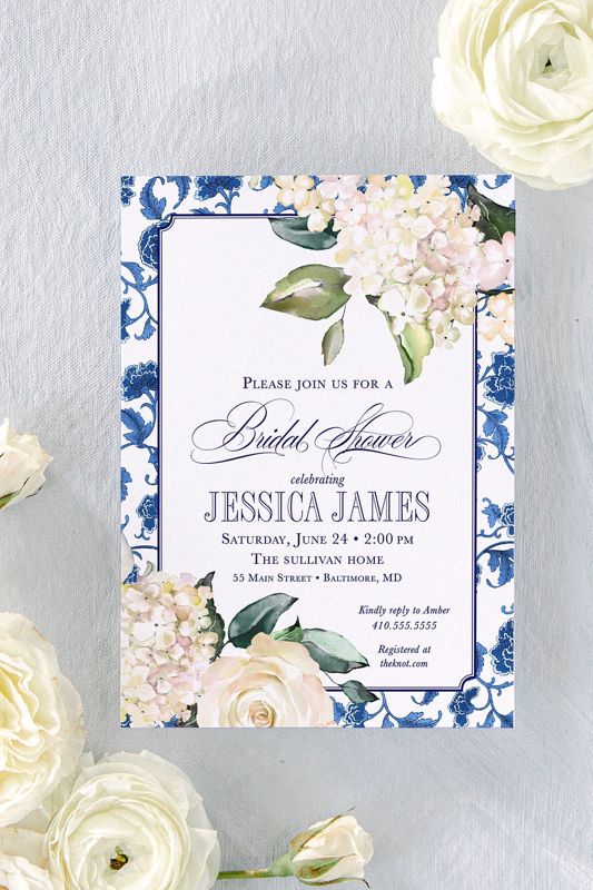 Blue and White Chinoiserie Hyndrangea Bridal Shower Invitation, Grandmillenial Bridal Luncheon, Bridesmaids Brunch, Garden Tea Party Printed (10 printed invitations, Plain White Envelopes)