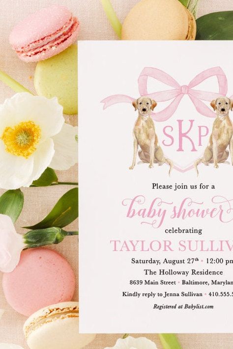 Puppy Crest Girl Baby Shower Invitations with Labrador Retrievers - Preppy Dog Watercolor Pink Monogram Bow Baby Sprinkle, Dog baby shower (10 printed invitations, Plain White Envelopes)