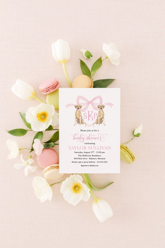 Puppy Crest Girl Baby Shower Invitations with Labrador Retrievers - Preppy Dog Watercolor Pink Monogram Bow Baby Sprinkle, Dog baby shower (10 printed invitations, Plain White Envelopes)